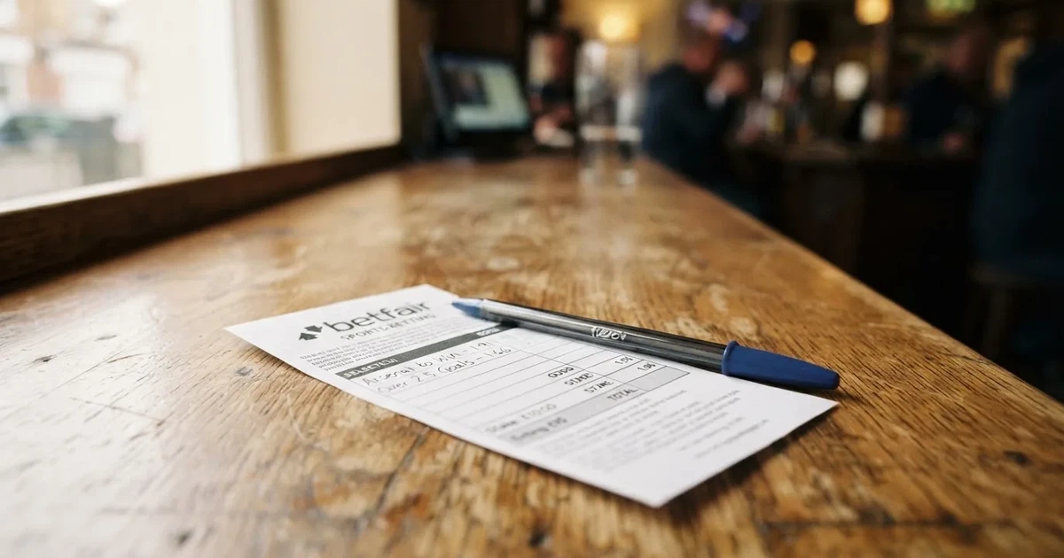 A blank paper betting slip beside a pen on a wooden counter