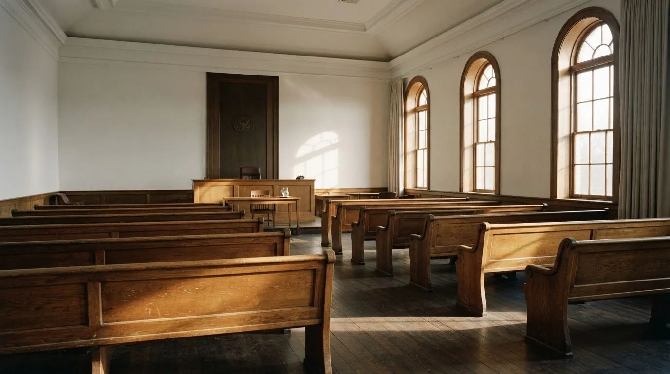 An empty courtroom with wooden benches in morning light