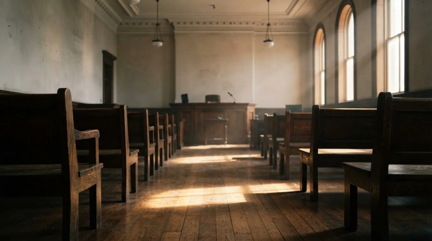 An empty courtroom with wooden benches in morning light