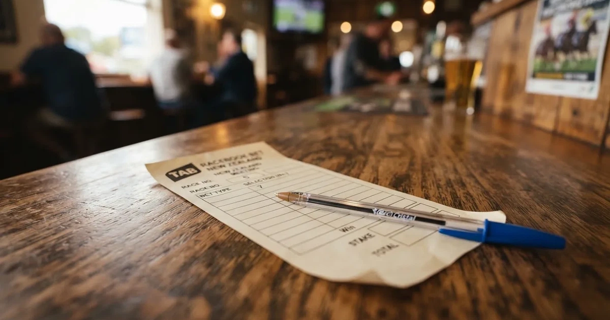 A blank paper betting slip beside a pen on a wooden counter