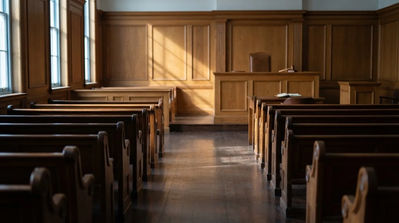 An empty courtroom with wooden benches in morning light