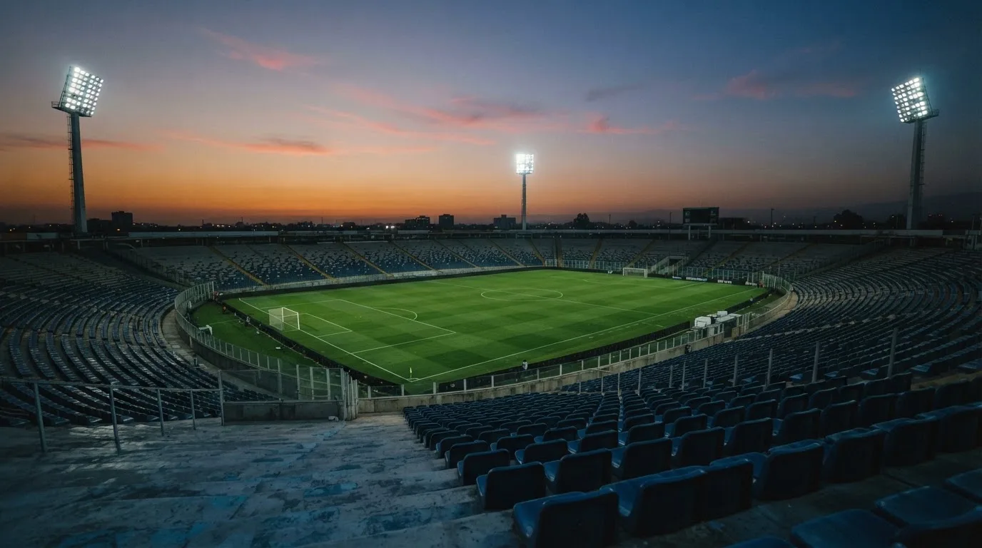 An empty football stadium with floodlight masts at dusk
