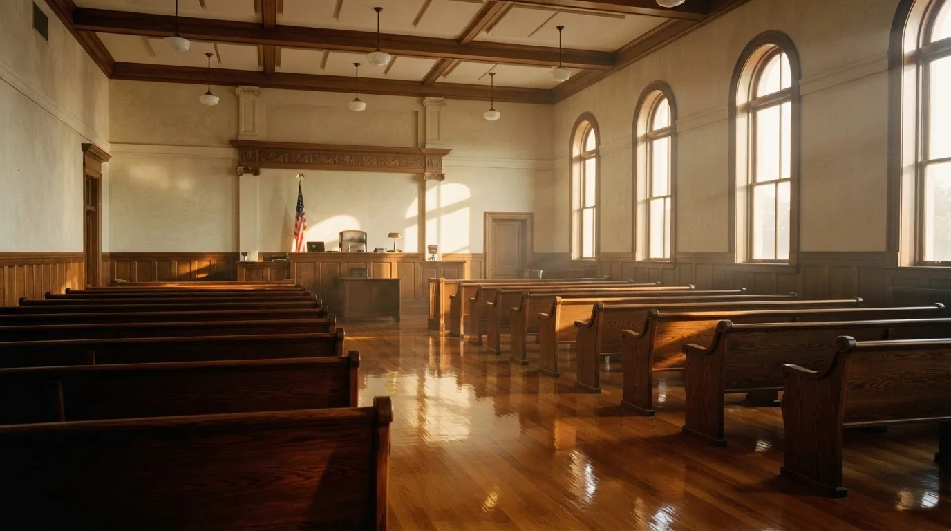An empty courtroom with wooden benches in morning light