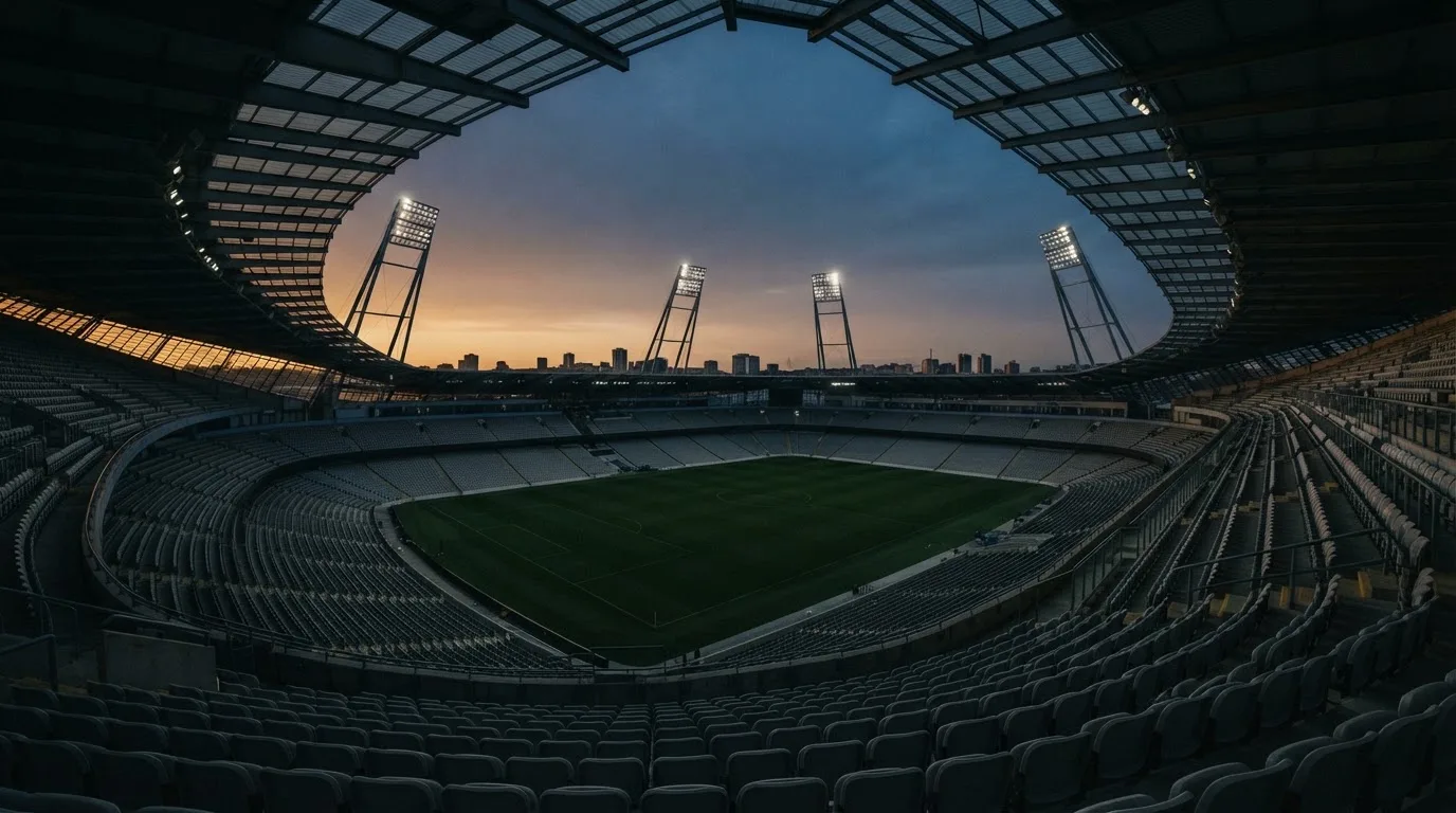 An empty football stadium with floodlight masts at dusk