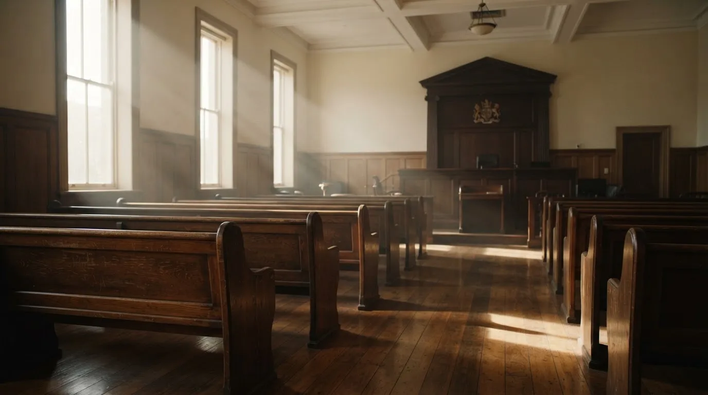 An empty courtroom with wooden benches in morning light