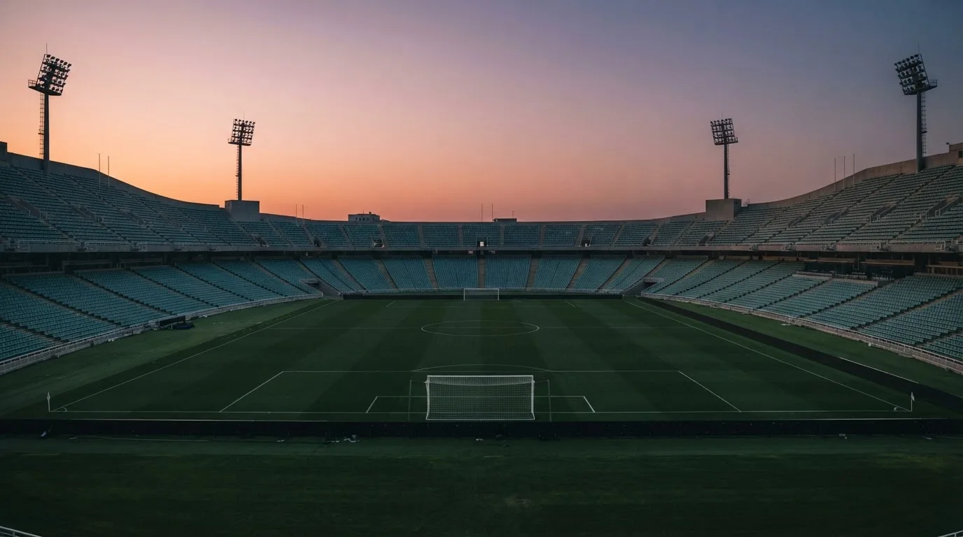 An empty football stadium with floodlight masts at dusk