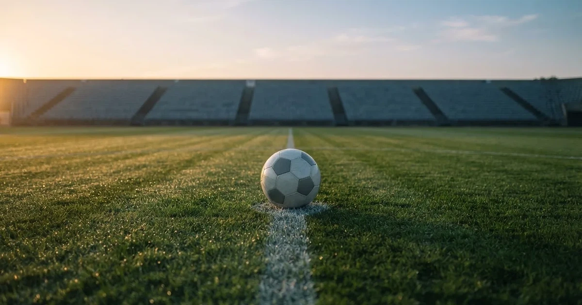 A ball on the centre spot of a grass pitch in morning light