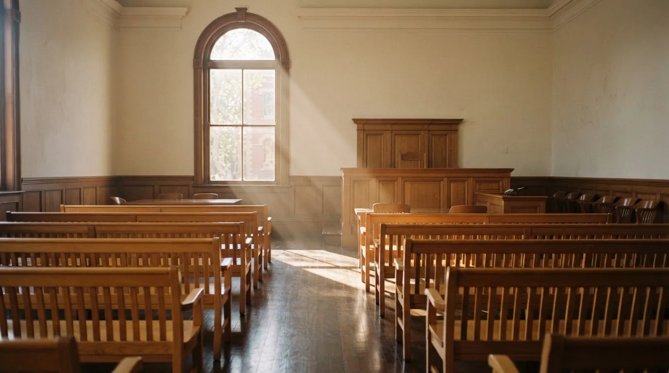 An empty courtroom with wooden benches in morning light
