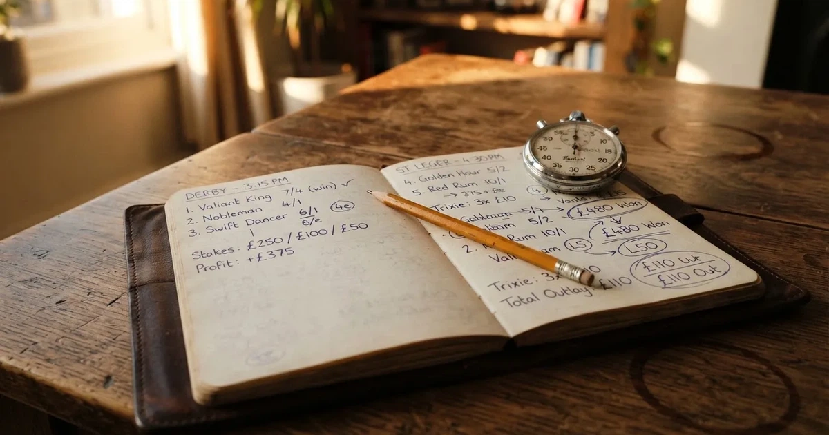 An open notebook with a pencil and a stopwatch on a wooden table