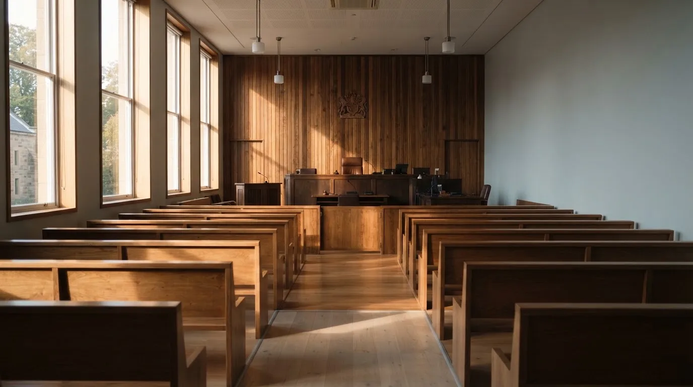 An empty courtroom with wooden benches in morning light