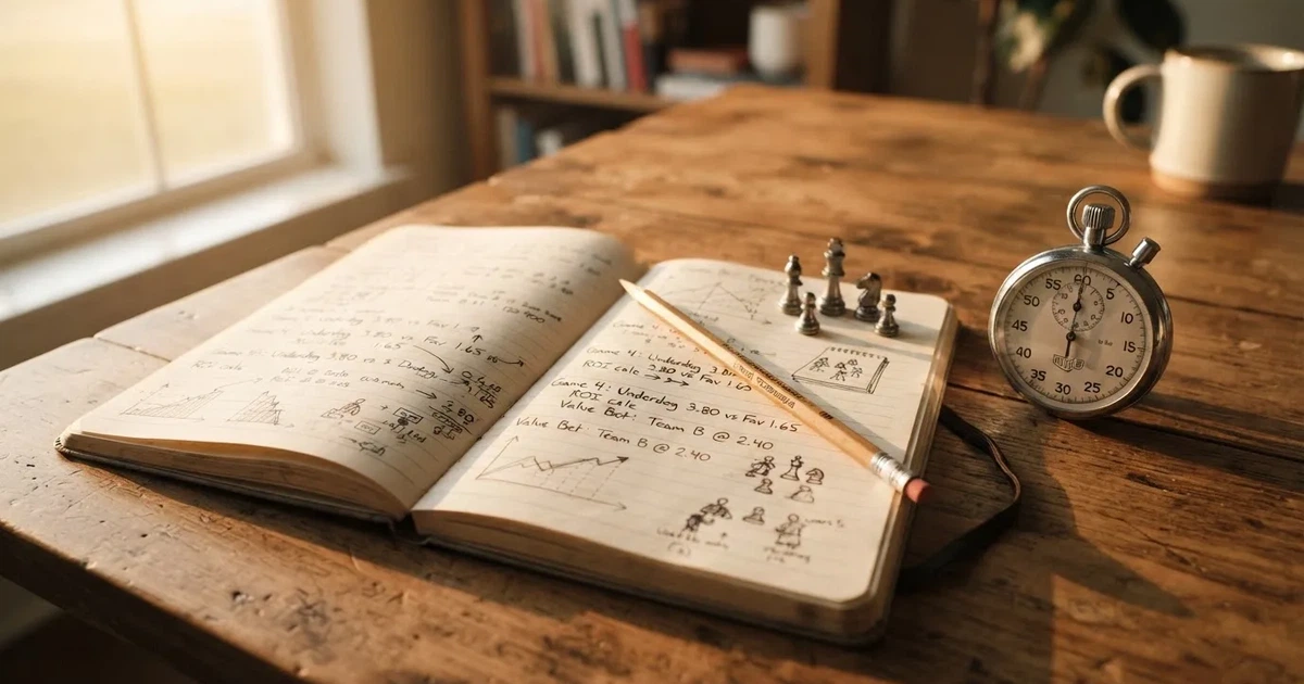 An open notebook with a pencil and a stopwatch on a wooden table