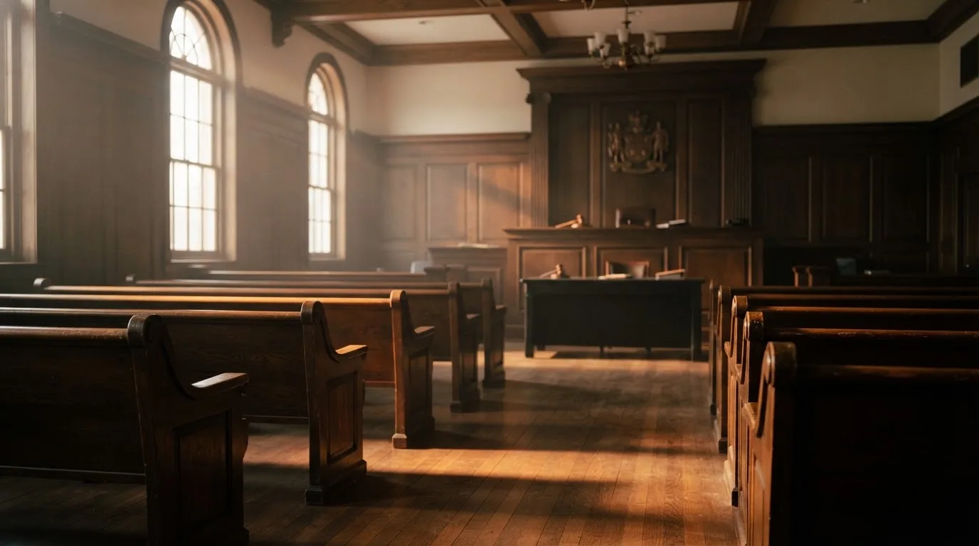An empty courtroom with wooden benches in morning light