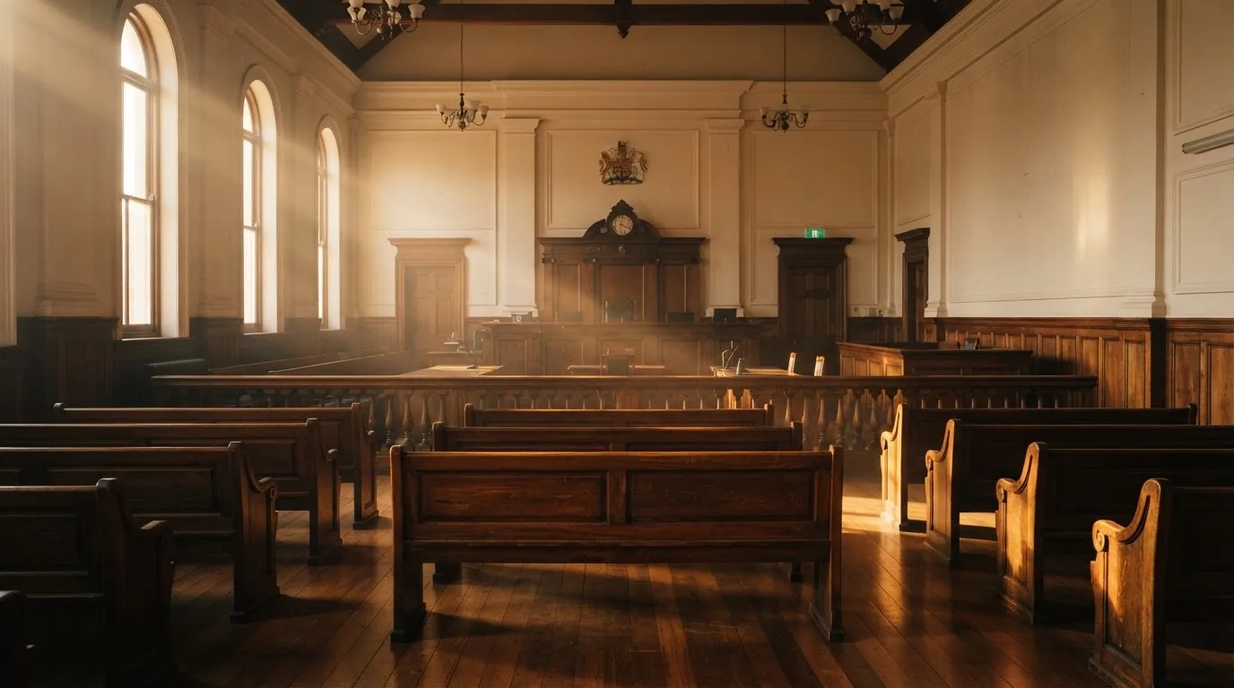An empty courtroom with wooden benches in morning light