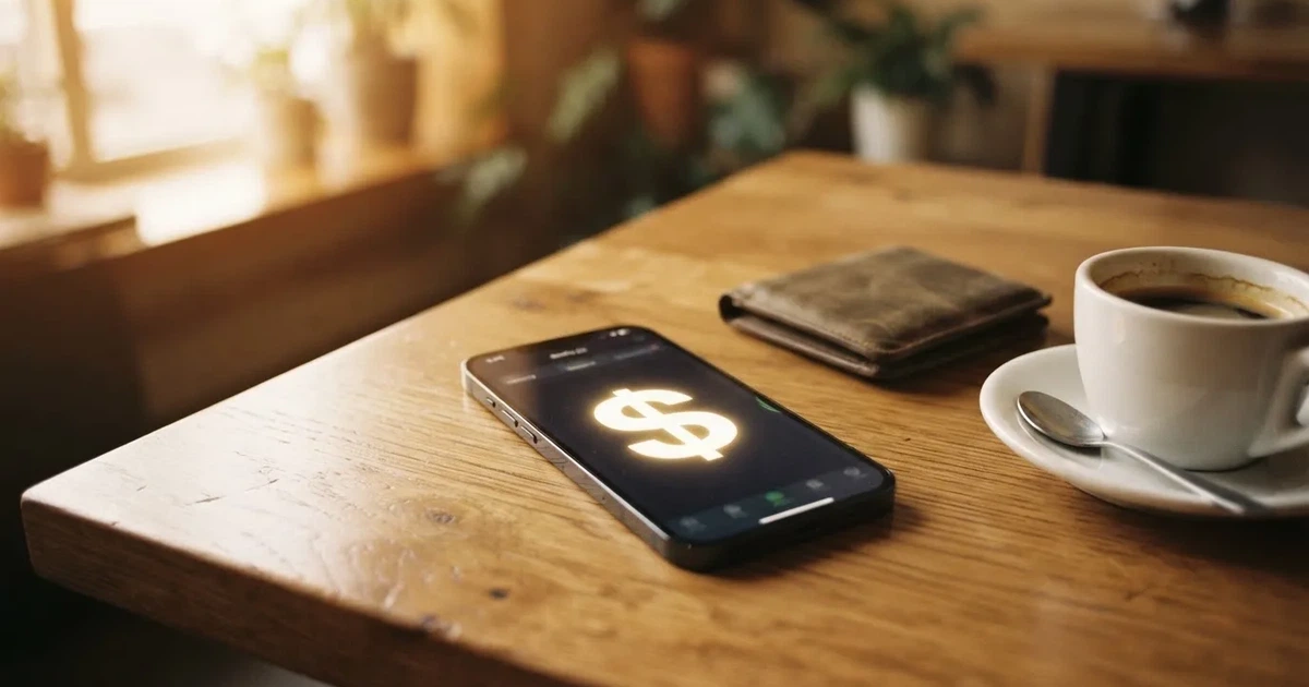 A smartphone on a wooden table beside a wallet and a coffee cup