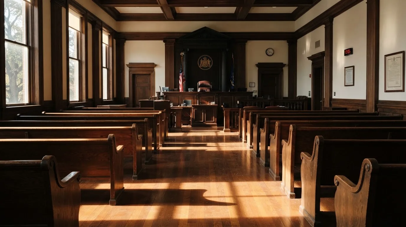 An empty courtroom with wooden benches in morning light