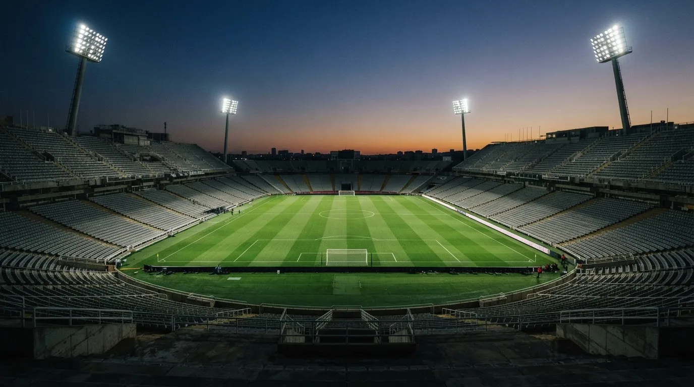 An empty football stadium with floodlight masts at dusk
