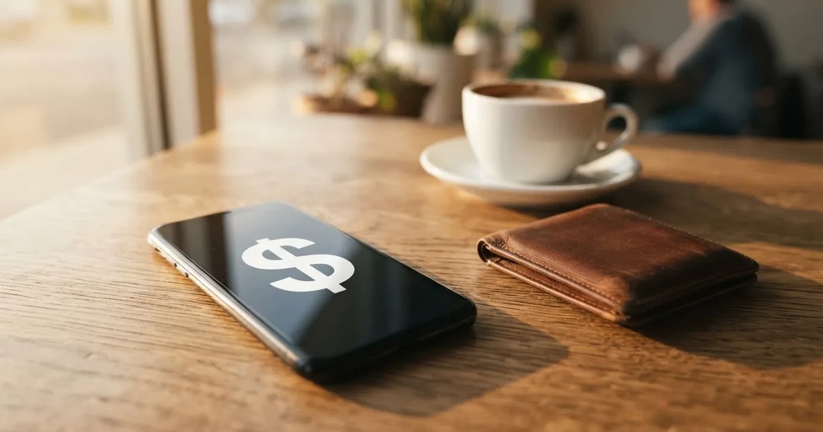 A smartphone on a wooden table beside a wallet and a coffee cup