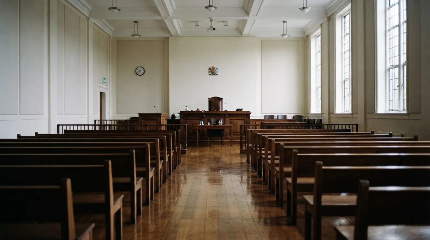 An empty courtroom with wooden benches in morning light