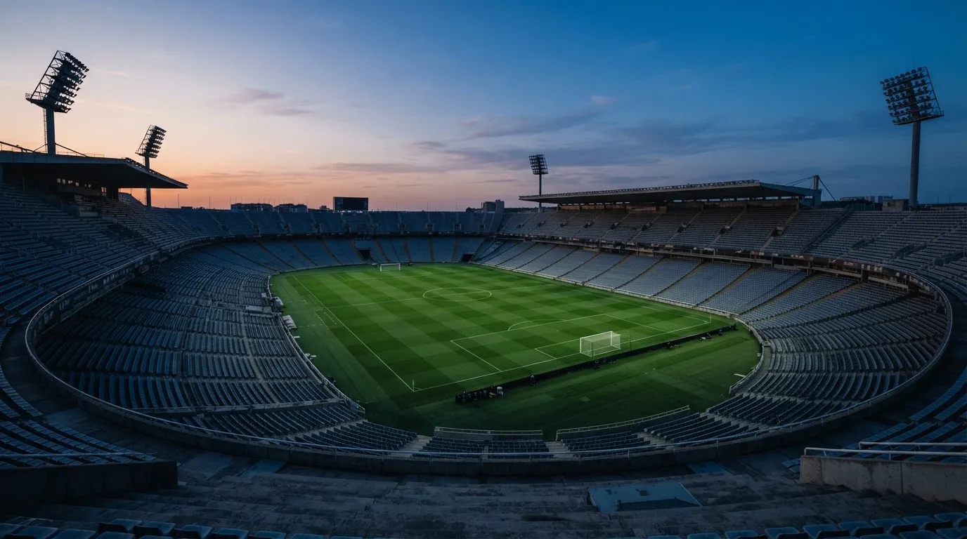 An empty football stadium with floodlight masts at dusk