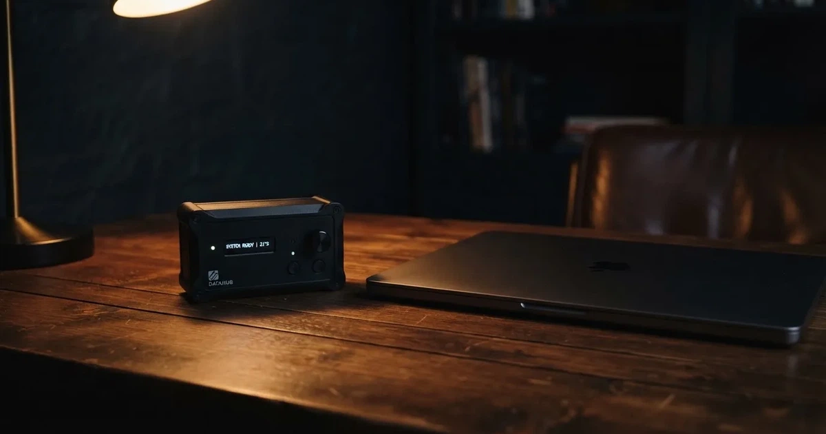 A hardware wallet and a closed laptop on a desk in dim light