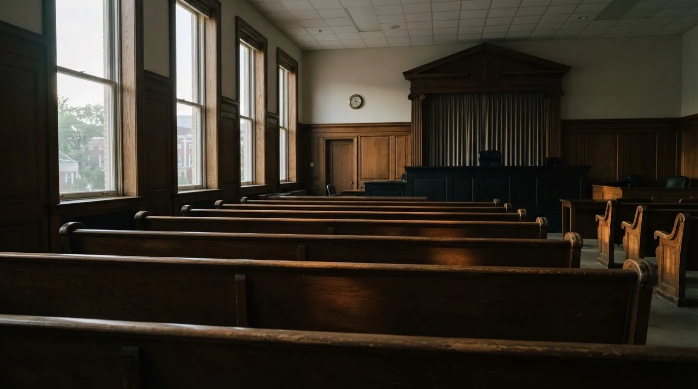 An empty courtroom with wooden benches in morning light