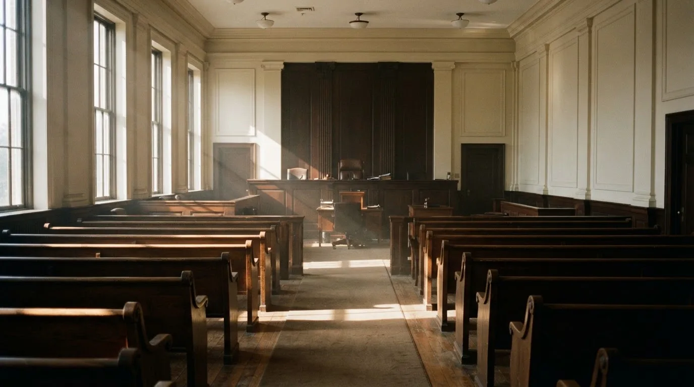 An empty courtroom with wooden benches in morning light