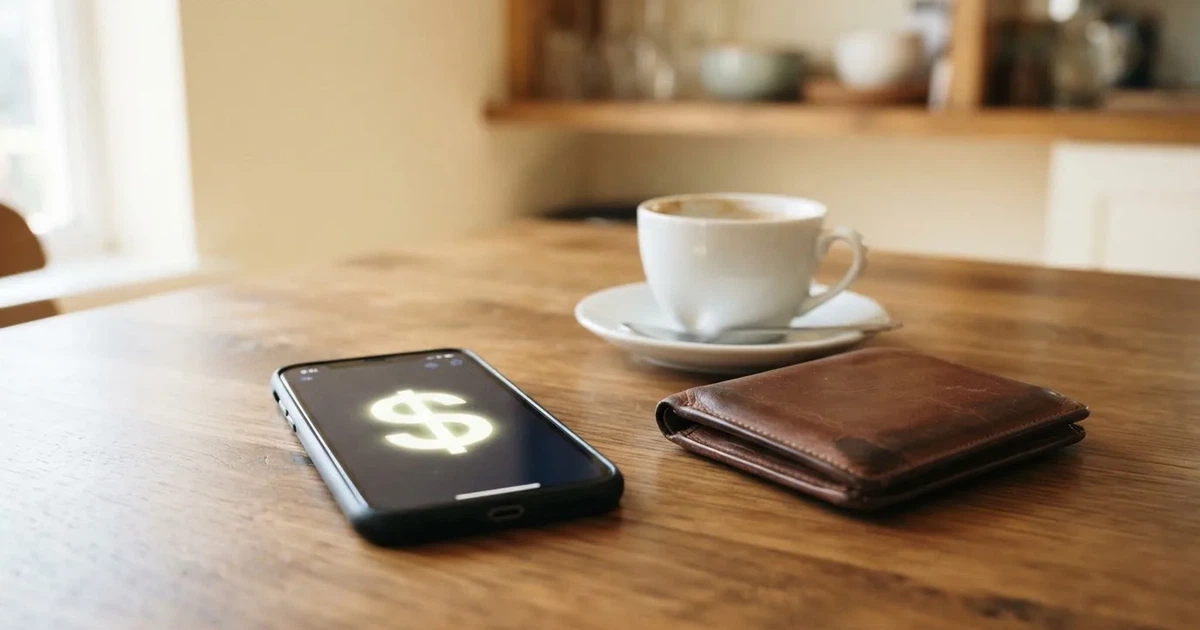 A smartphone on a wooden table beside a wallet and a coffee cup