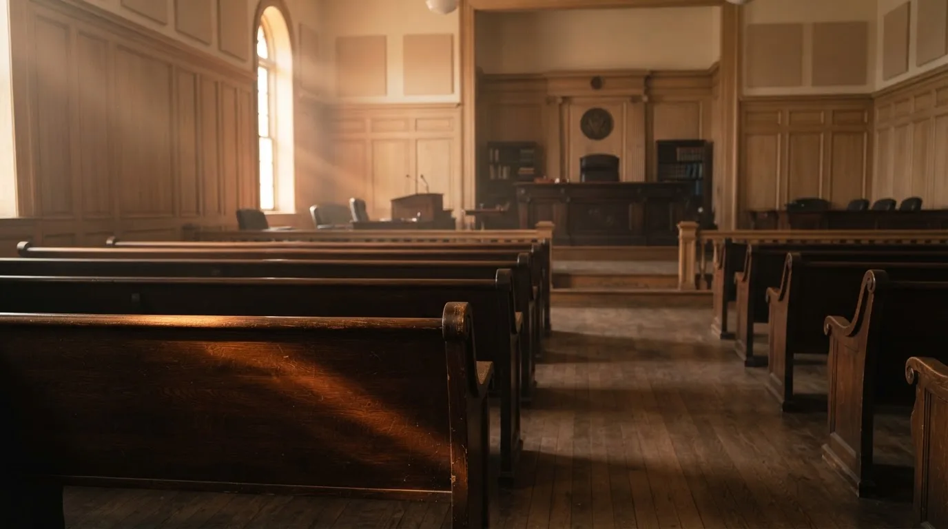 An empty courtroom with wooden benches in morning light