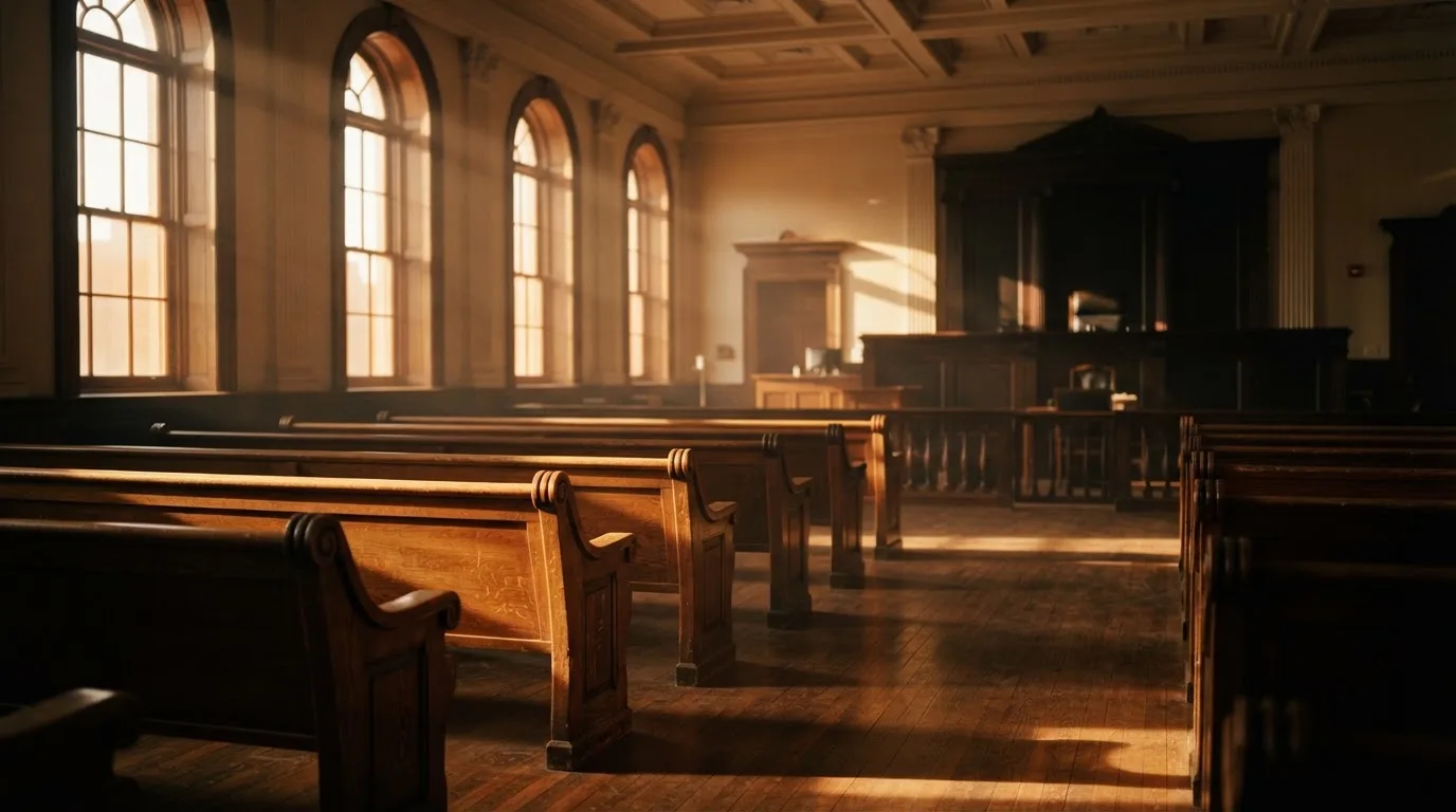 An empty courtroom with wooden benches in morning light
