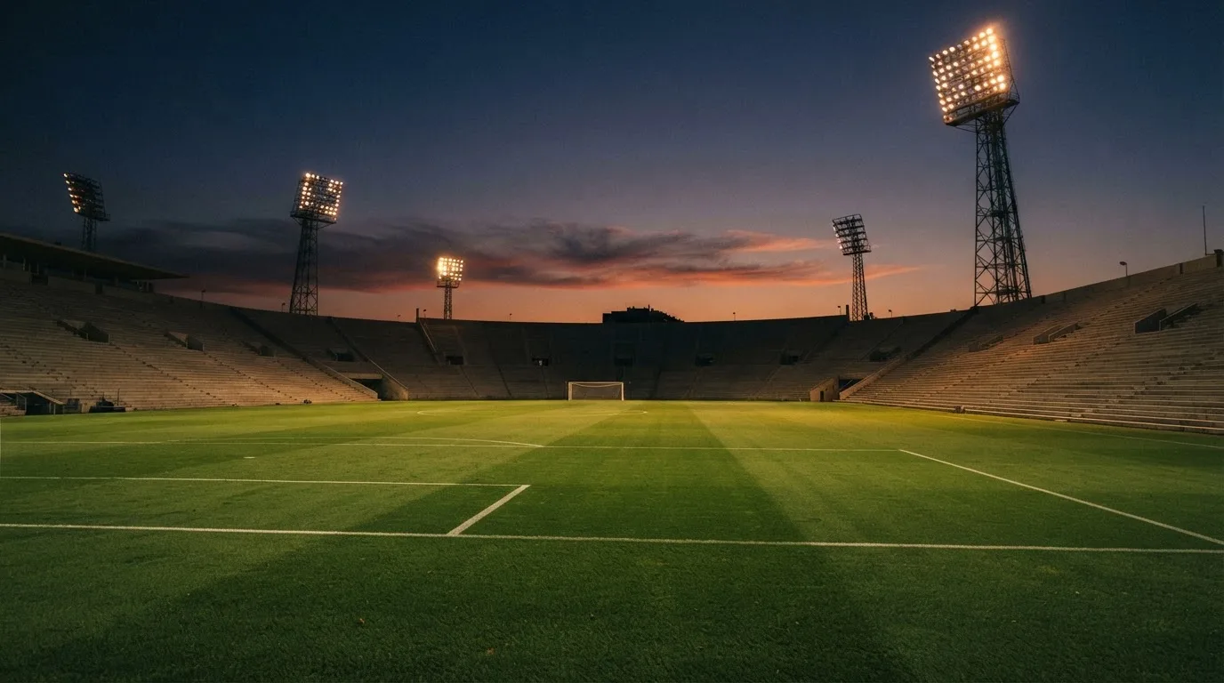 An empty football stadium with floodlight masts at dusk