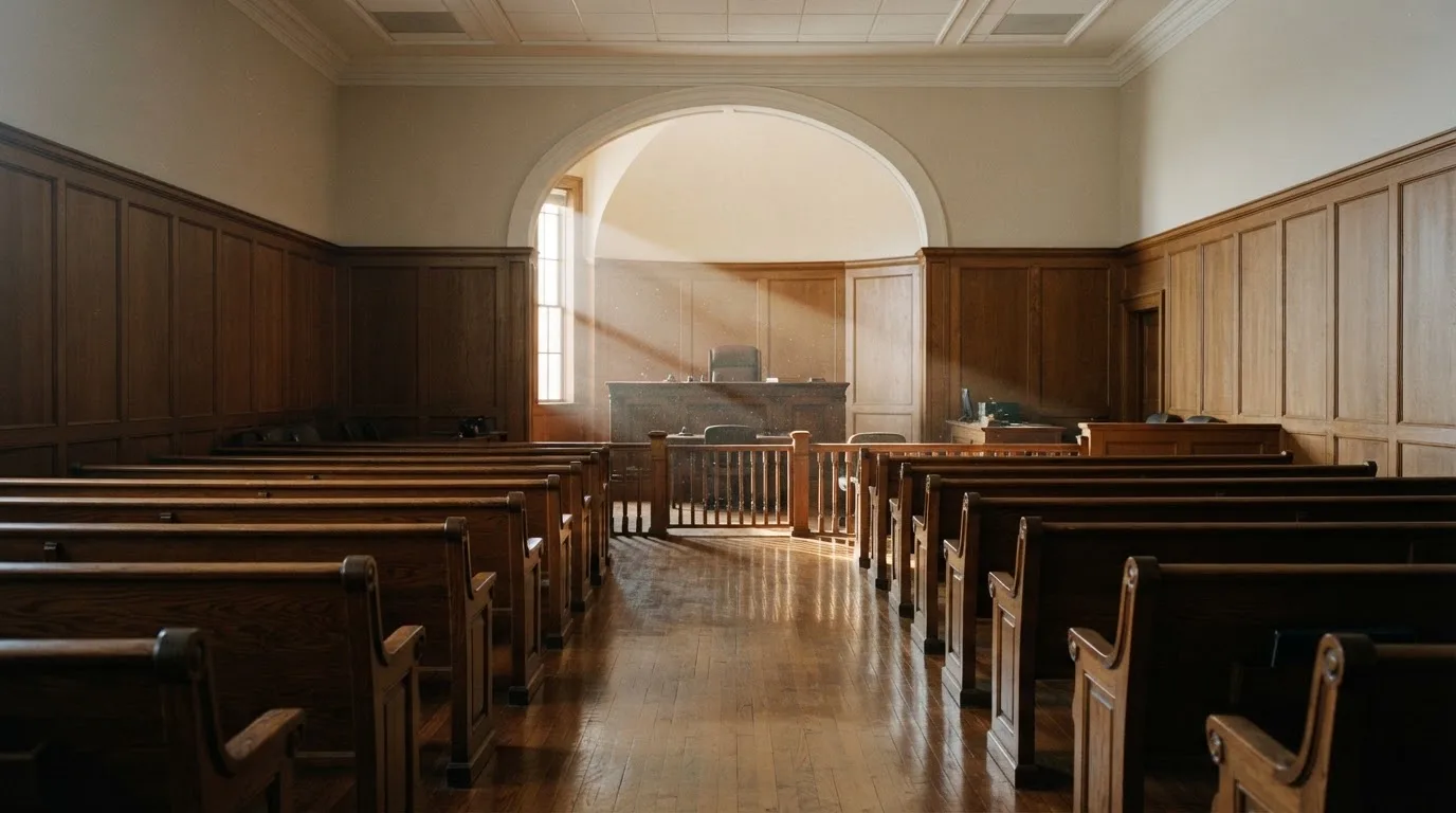 An empty courtroom with wooden benches in morning light