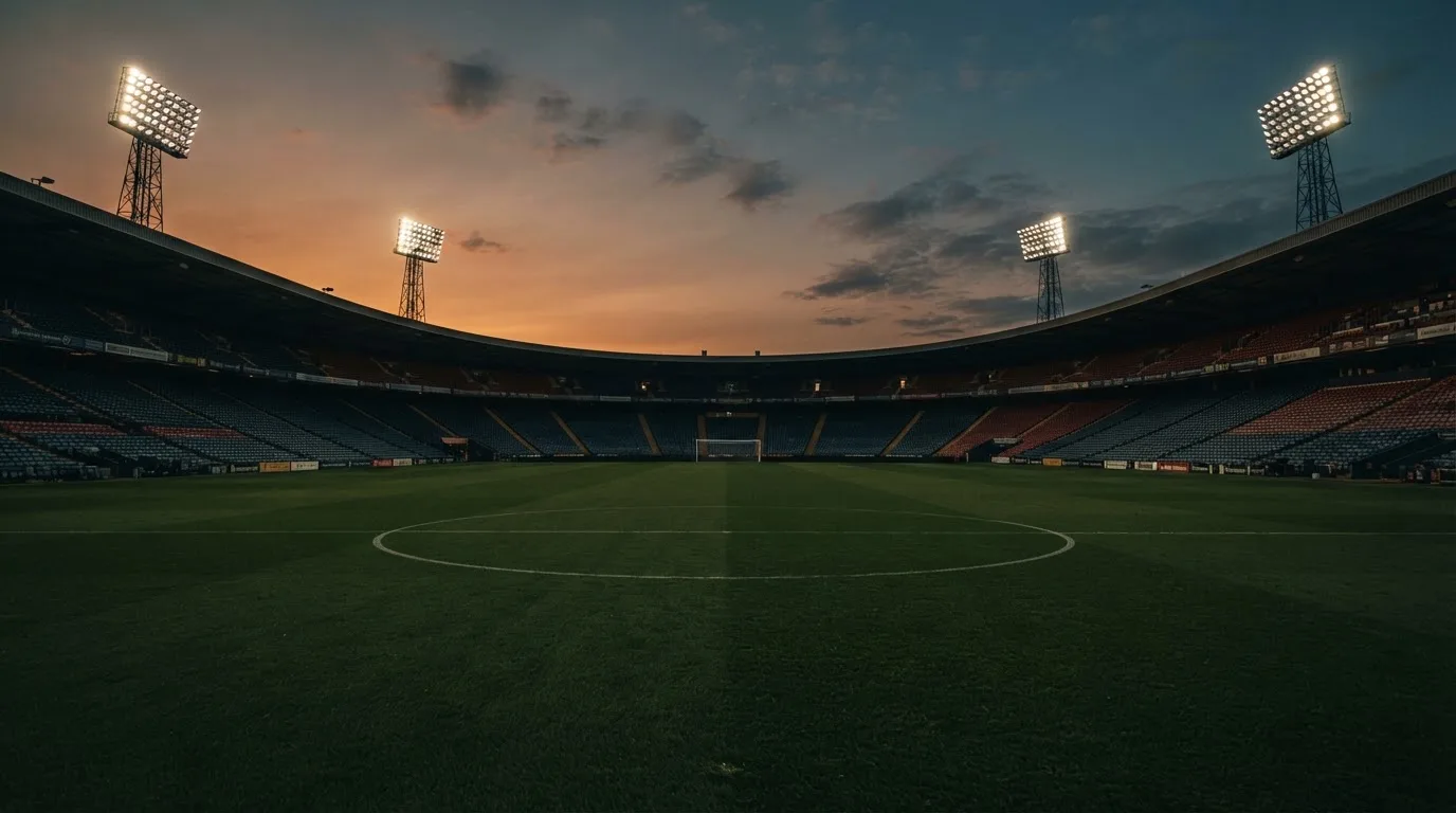 An empty football stadium with floodlight masts at dusk