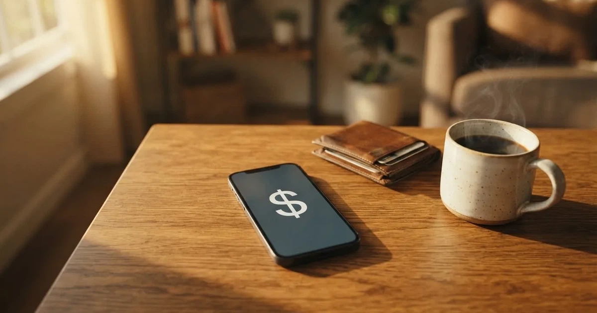 A smartphone on a wooden table beside a wallet and a coffee cup