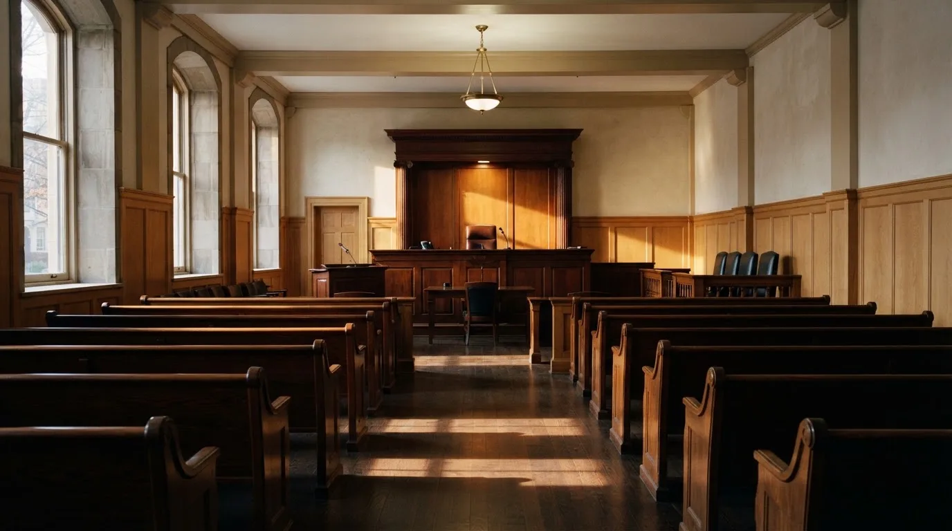 An empty courtroom with wooden benches in morning light