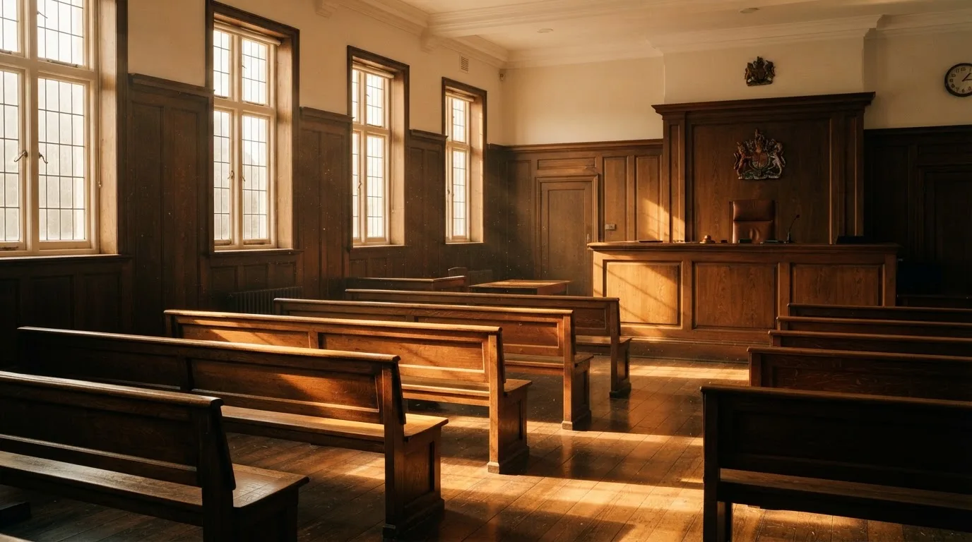 An empty courtroom with wooden benches in morning light