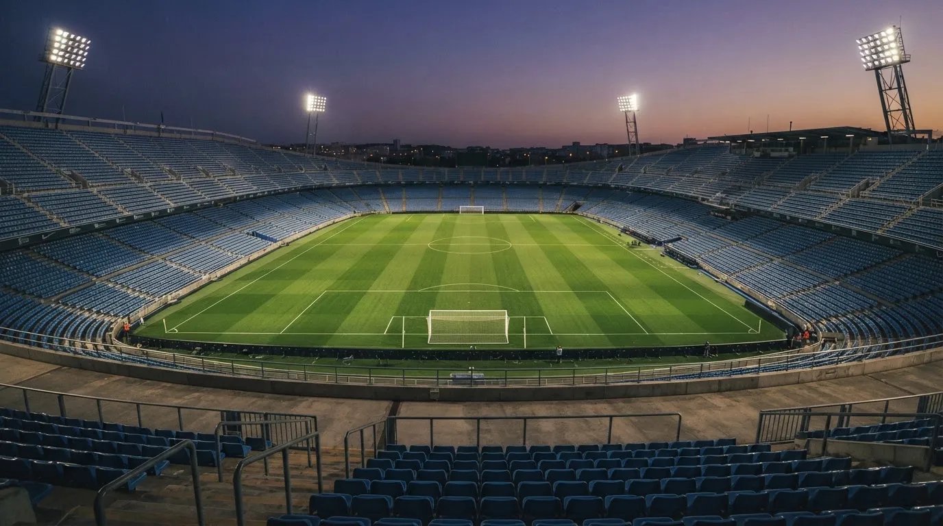 An empty football stadium with floodlight masts at dusk