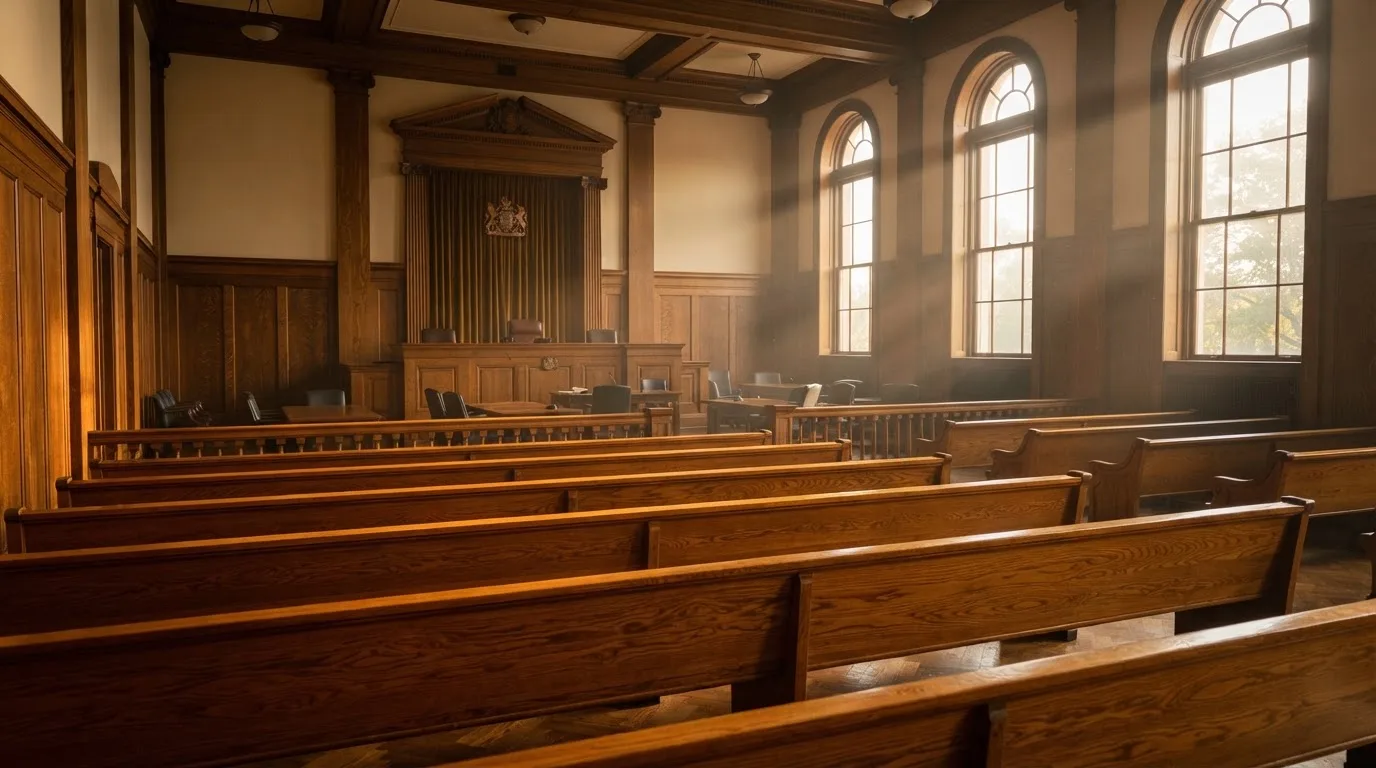 An empty courtroom with wooden benches in morning light