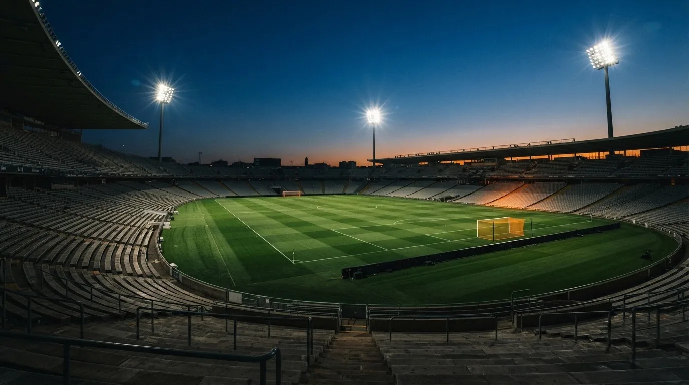 An empty football stadium with floodlight masts at dusk