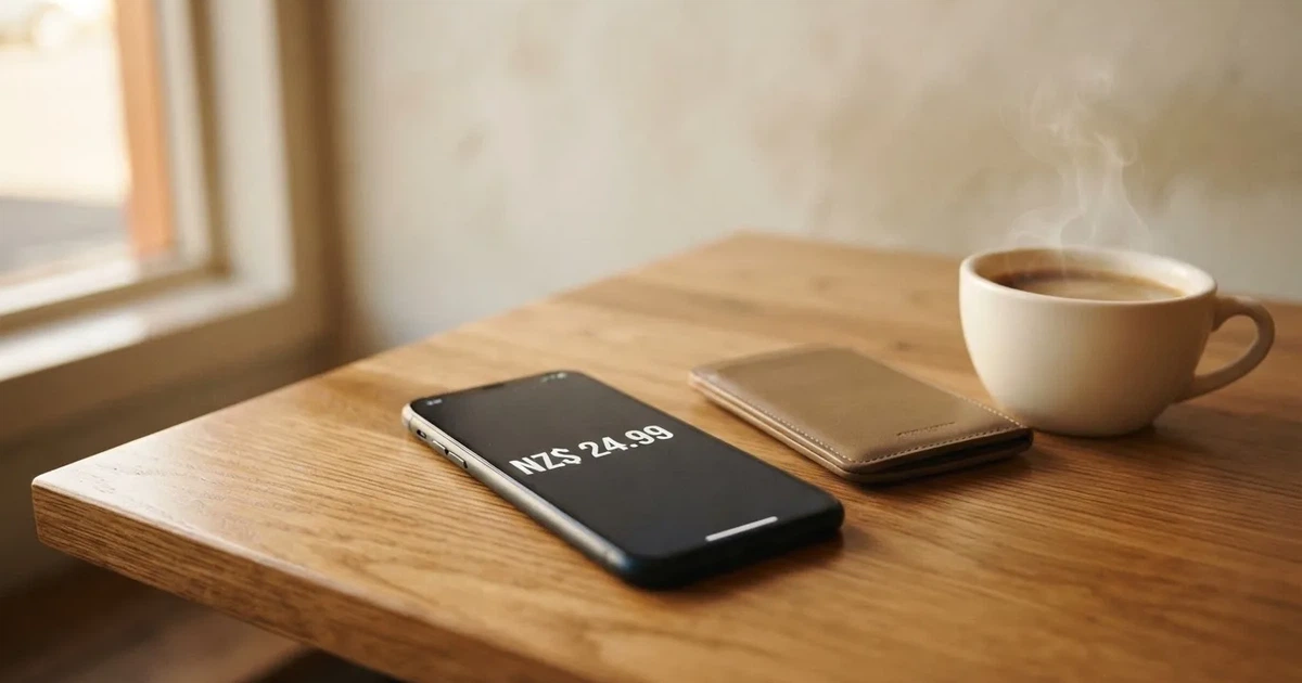 A smartphone on a wooden table beside a wallet and a coffee cup