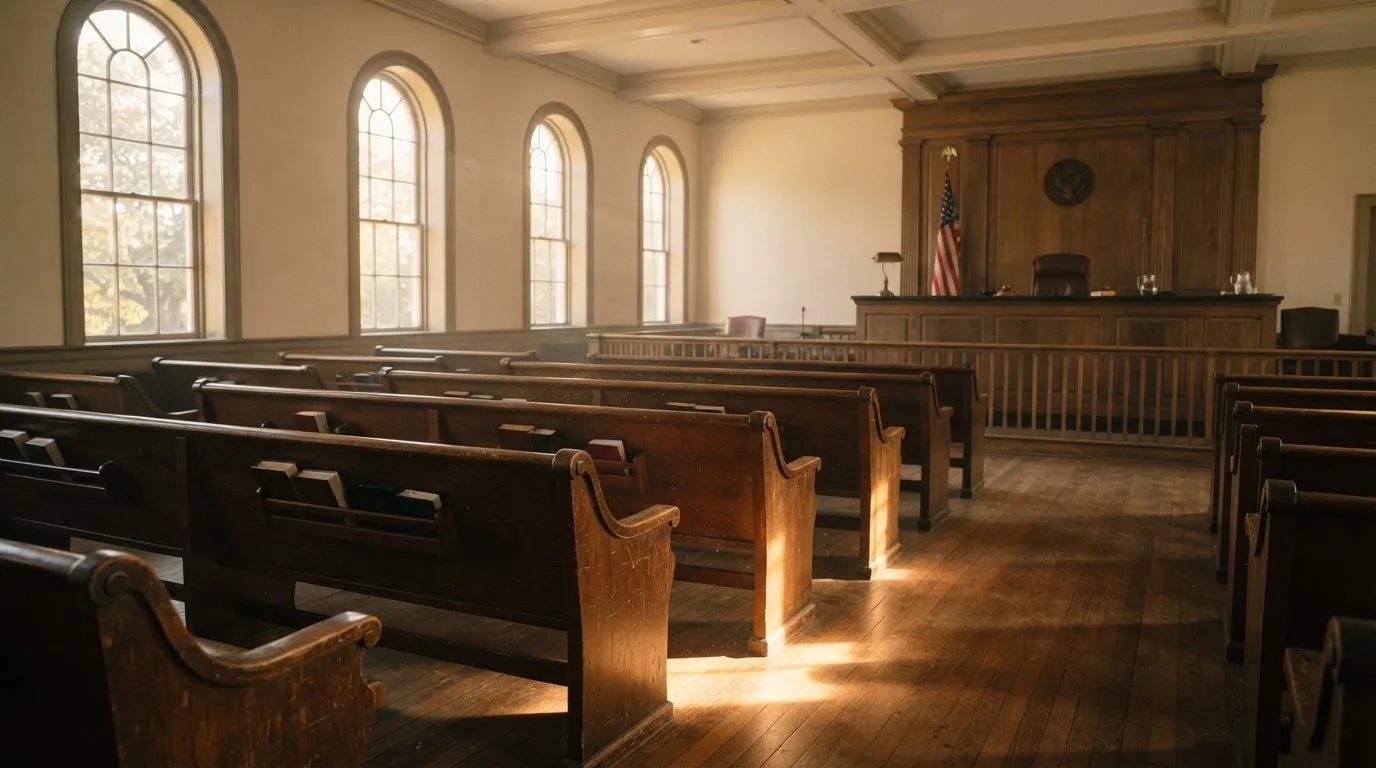 An empty courtroom with wooden benches in morning light