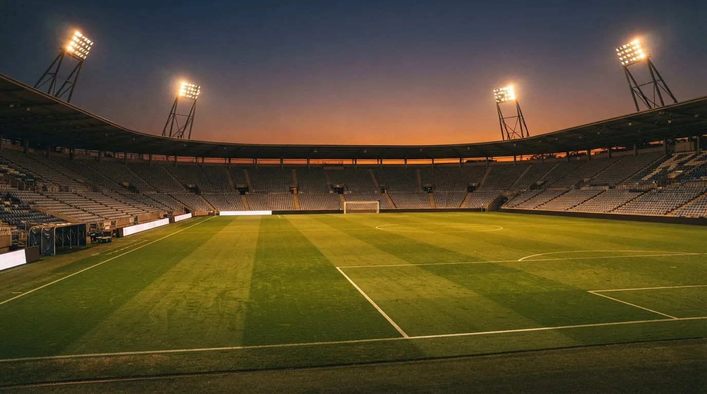 An empty football stadium with floodlight masts at dusk
