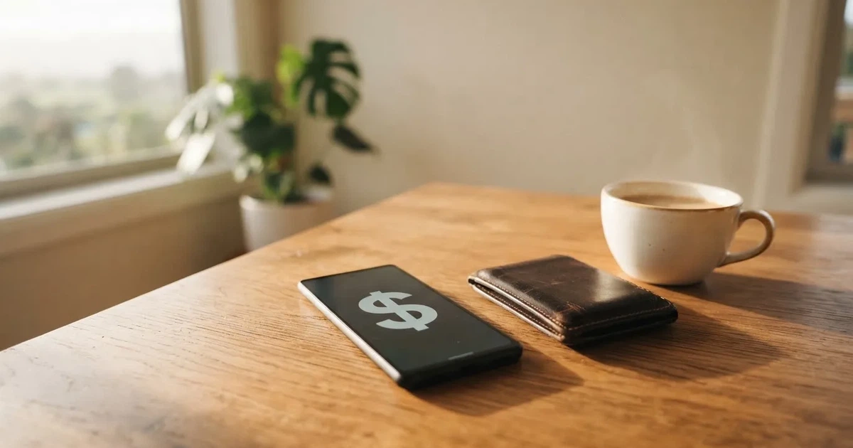 A smartphone on a wooden table beside a wallet and a coffee cup