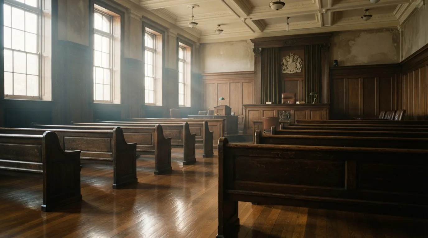 An empty courtroom with wooden benches in morning light