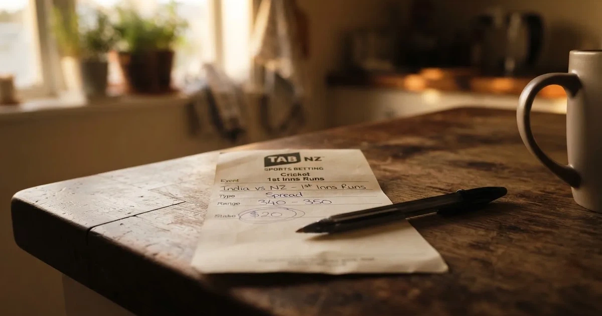 A blank paper betting slip beside a pen on a wooden counter