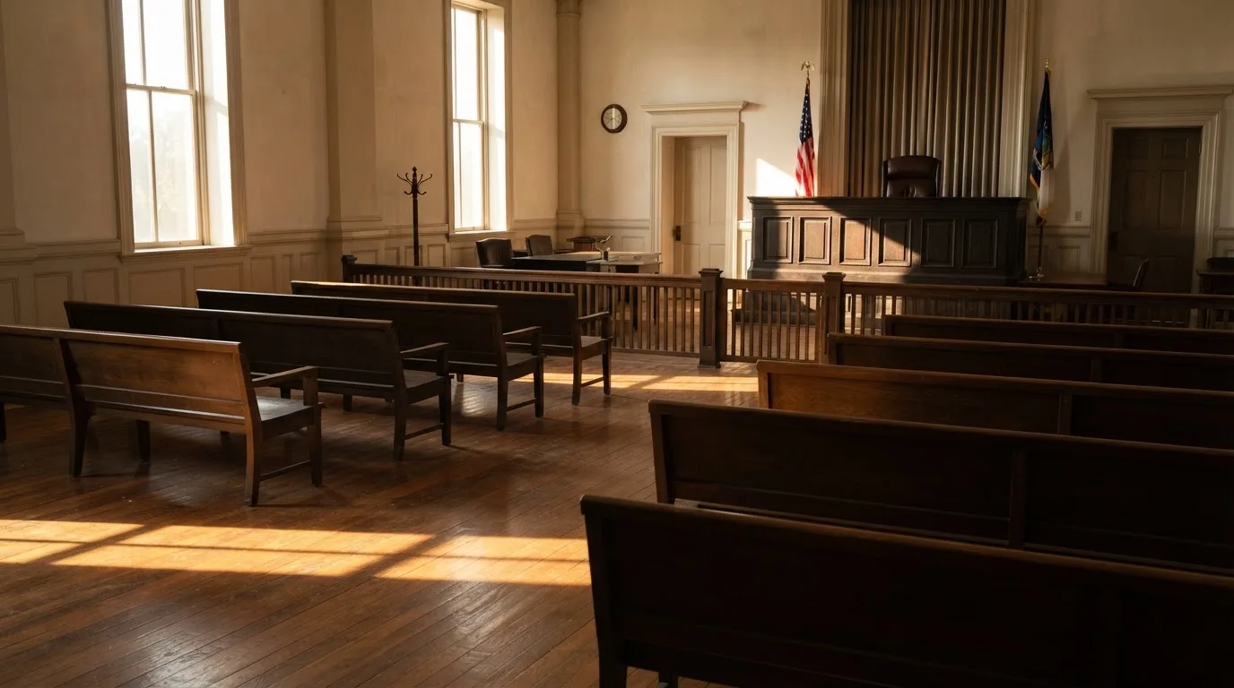 An empty courtroom with wooden benches in morning light