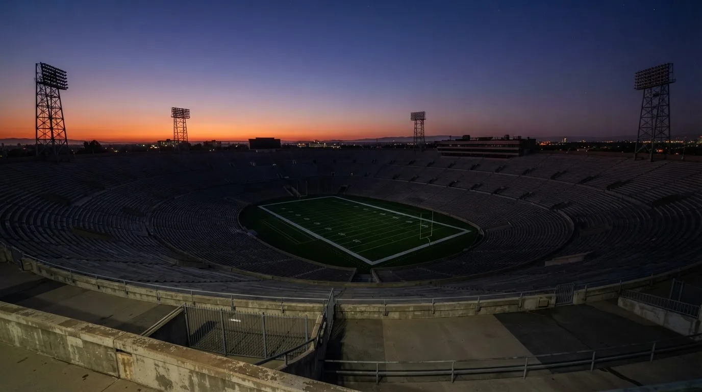 An empty football stadium with floodlight masts at dusk