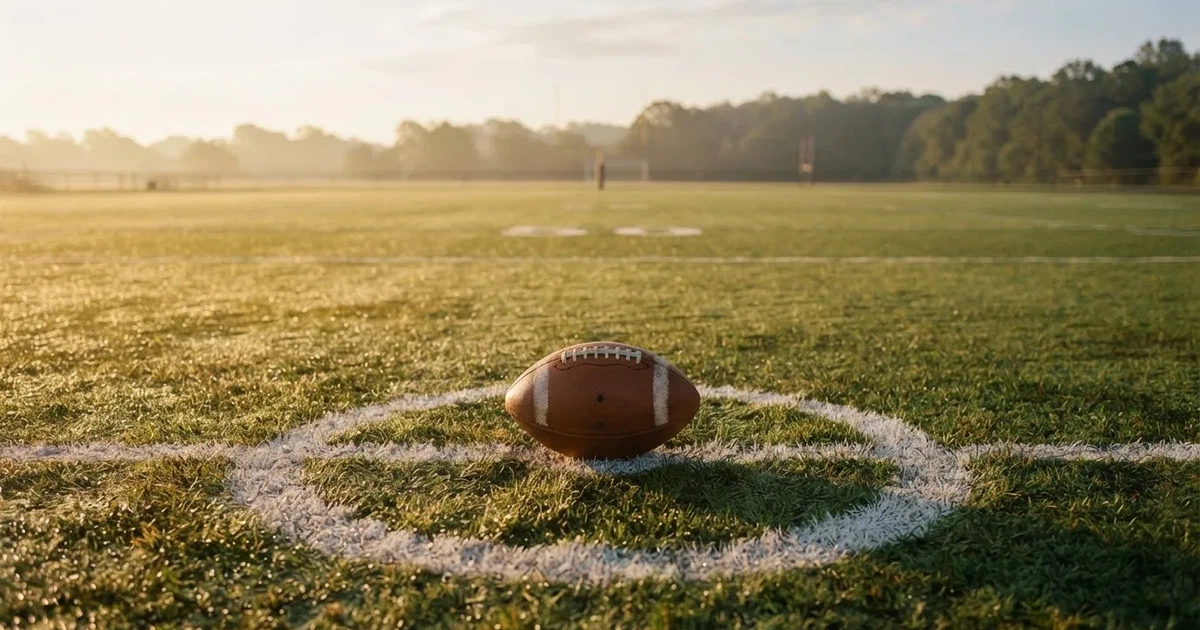 A ball on the centre spot of a grass pitch in morning light