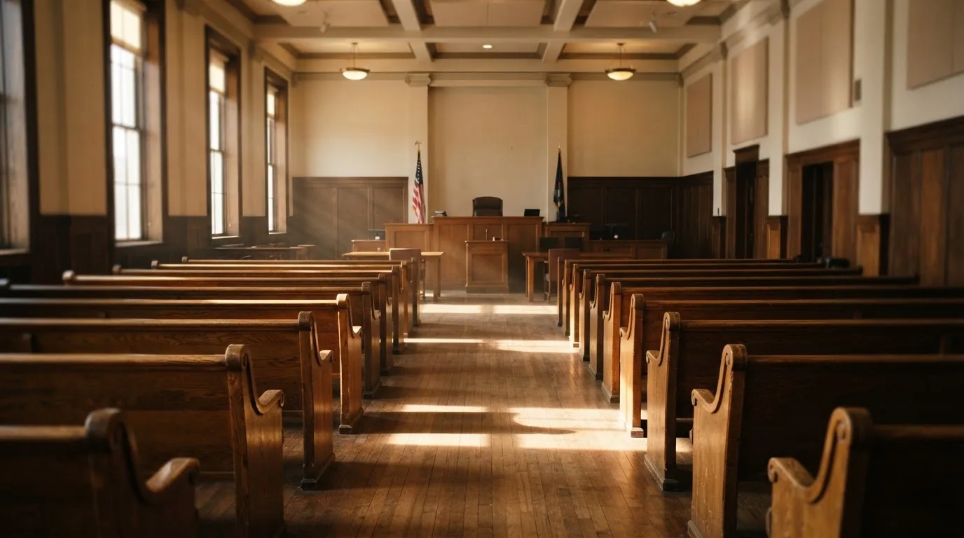 An empty courtroom with wooden benches in morning light