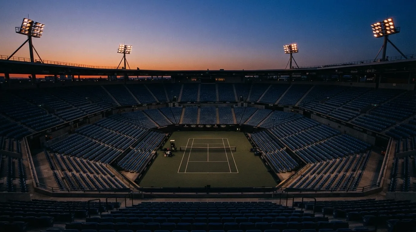 An empty football stadium with floodlight masts at dusk