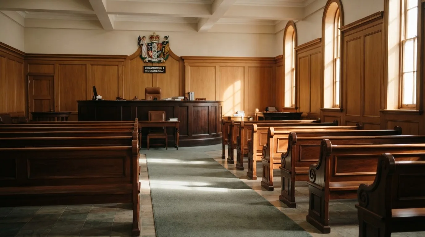 An empty courtroom with wooden benches in morning light